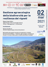 Progetto ECOVINEGOALS - 2 marzo 2021 - webinar dalle 16.30 alle 18.30: Gestione agroecologica della biodiversità per la resilienza dei vigneti